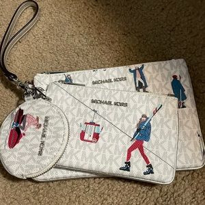 Michael Kors JET SET GIRLS Wristlet Trio Makeup Bags Wallet Case, White/Multi